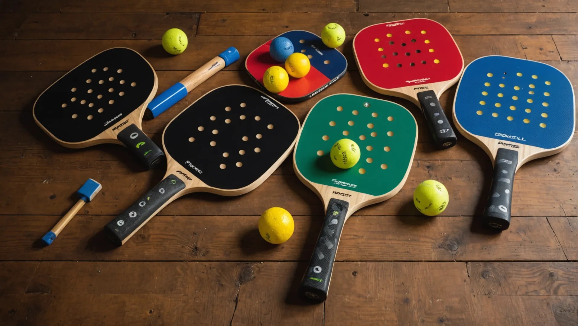 Various pickleball paddles displayed on a wooden surface.